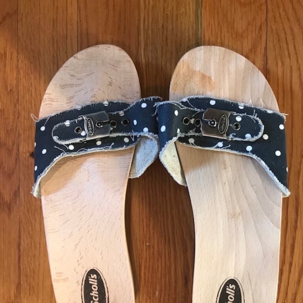 Dr Scholls Original wood sandal, navy polka-dot 9